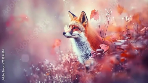  a close up of a fox in a field of flowers with a background of leaves and flowers in the foreground. © Alice