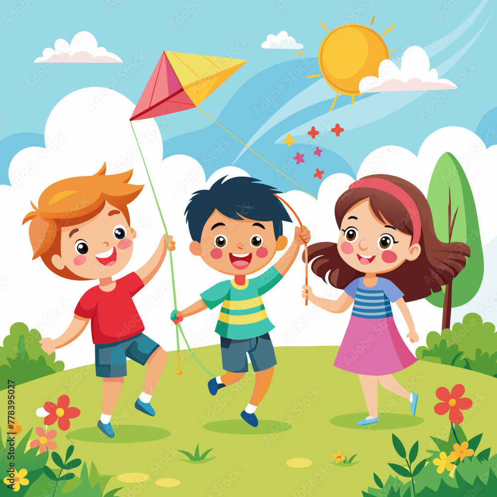 vector-illustration-of-three-kids-flying-kites-in