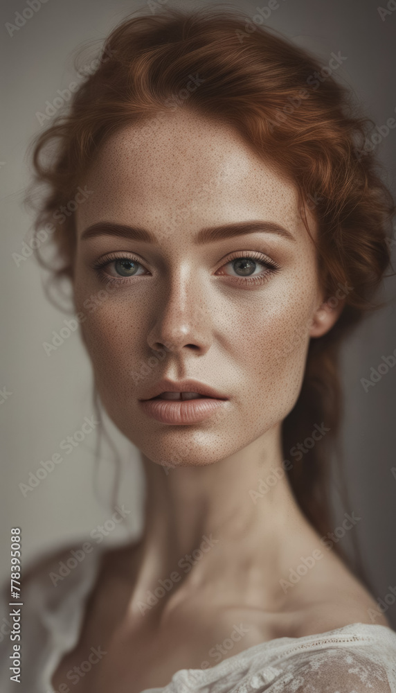 Close-up portrait of a woman with red hair and freckles Close-up portrait of a woman with red hair and freckles