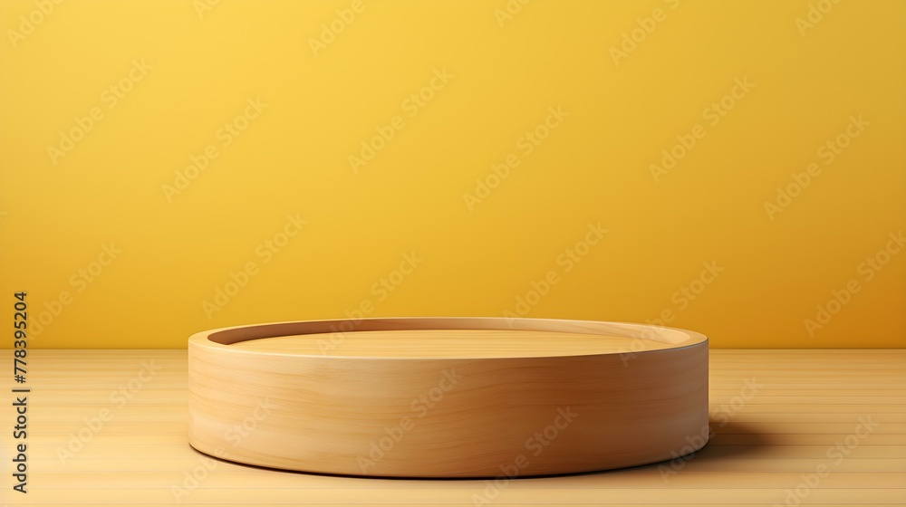 Close up of a round wooden Pedestal for Product Presentation. Empty light yellow Showroom Close up of a round wooden Pedestal for Product Presentation. Empty light yellow Showroom