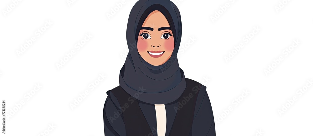 A cartoon illustration of a happy woman in a hijab and suit, with a big smile and waving gesture. Her eyelashes stand out, adding to the artistry of the image A cartoon illustration of a happy woman in a hijab and suit, with a big smile and waving gesture. Her eyelashes stand out, adding to the artistry of the image