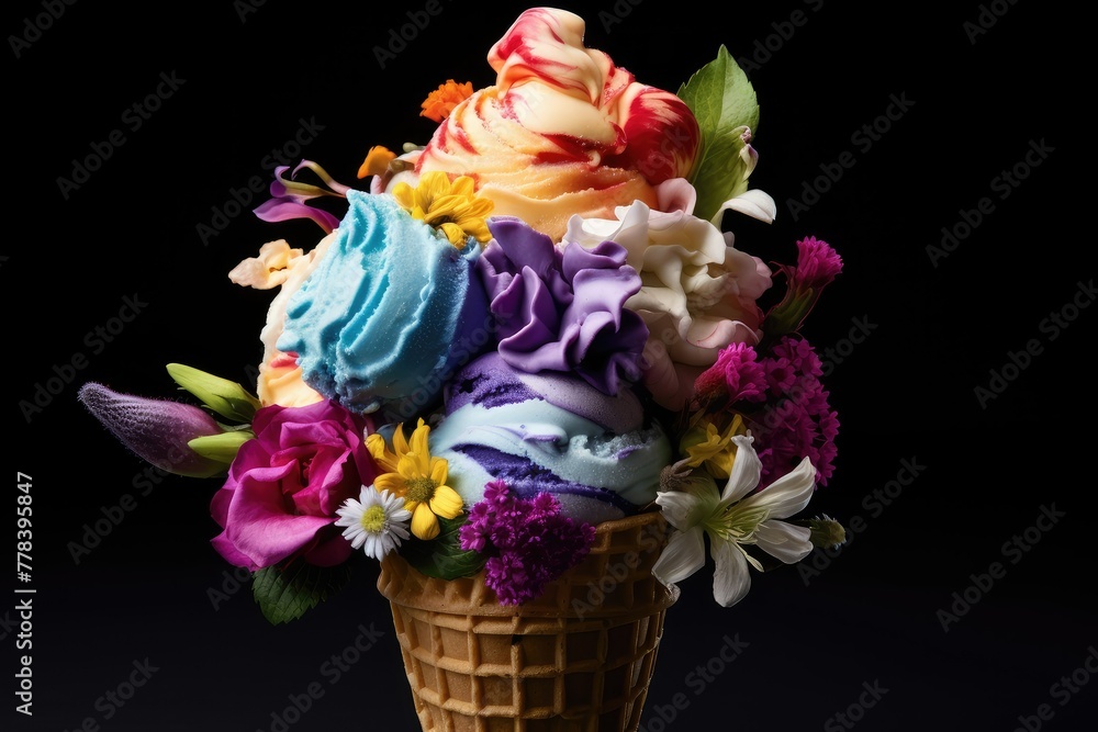 An ice cream cone is filled with a variety of vibrant and colorful flowers, creating a unique and eye-catching arrangement. Generative AI
