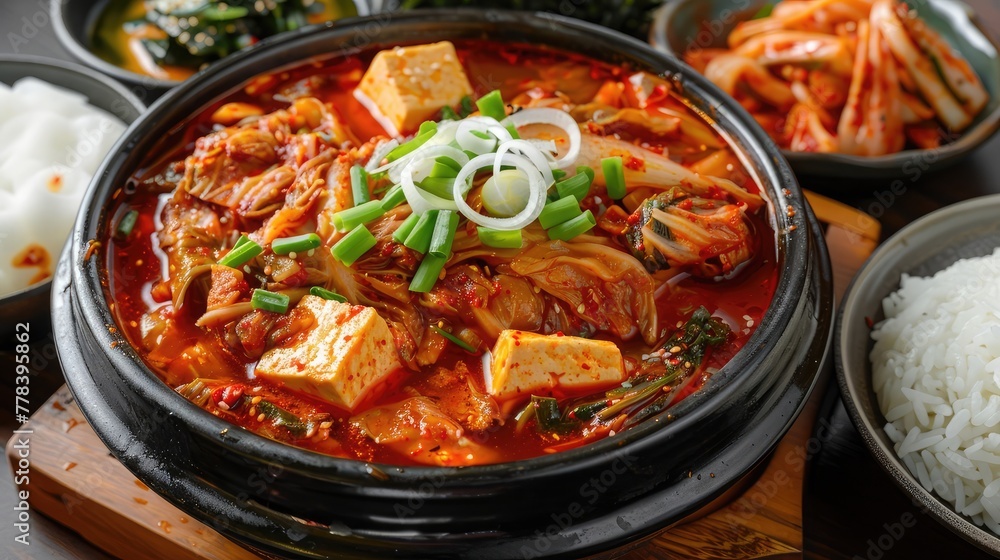 A vibrant bowl of spicy kimchi jjigae, with fermented cabbage, tofu, and pork simmered in a fiery red broth, served with a bowl of steamed rice 
