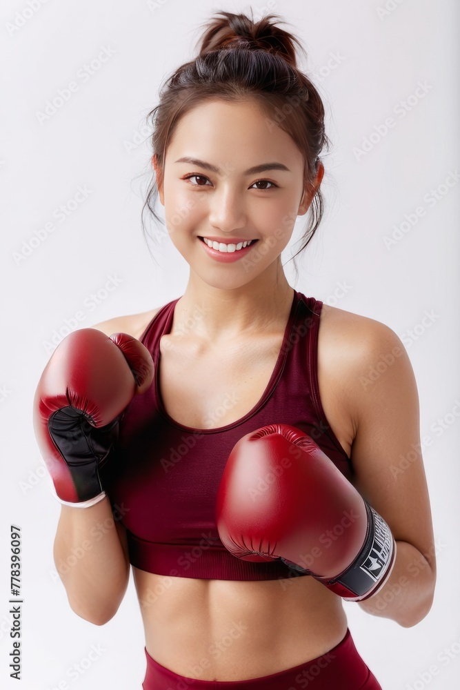 Young and Beautiful Asian Girl in Red Bra and Boxing Gloves