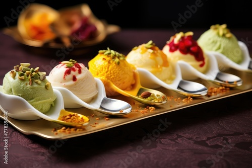 Multiple spoons arranged in a row filled with various flavors of ice cream, including kulfi, creating a colorful display. Generative AI
