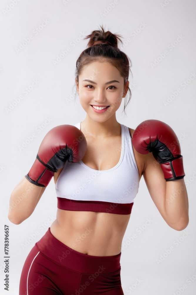 Young and Beautiful Asian Girl in White Bra and Boxing Gloves
