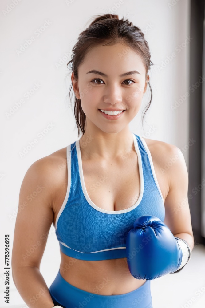 Young and Beautiful Asian Girl in Blue Bra and Boxing Gloves