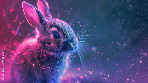 Cute little rabbit with glowing particles and lines in the background against a dark pink light effect background 
