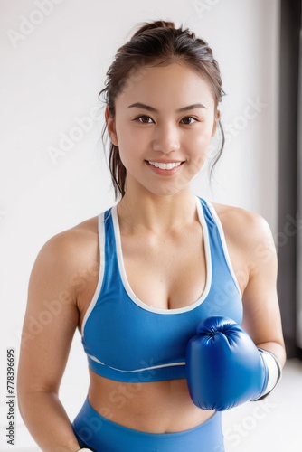 Young and Beautiful Asian Girl in Blue Bra and Boxing Gloves © Rimstockphoto
