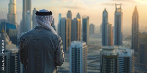 An Arab man standing in front of a modern highrise city skyline, taking in the urban landscape with copy space.
