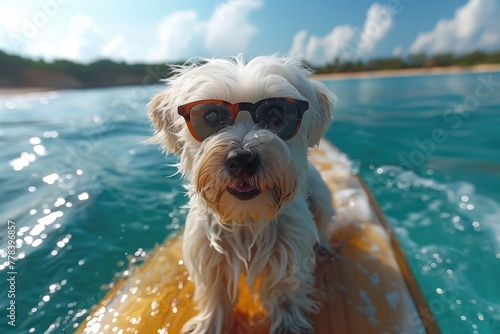 Super cute photorealistic baby dog with sunglasses on holiday by the ocean and beach - sunny day - funny