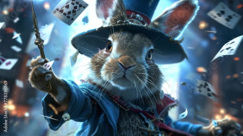 Magical Rabbit Selfie with Flying Playing Cards and Magic Wand. photo