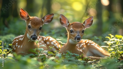 A pair of tiny fawns grazing in a sun-dappled forest glade.