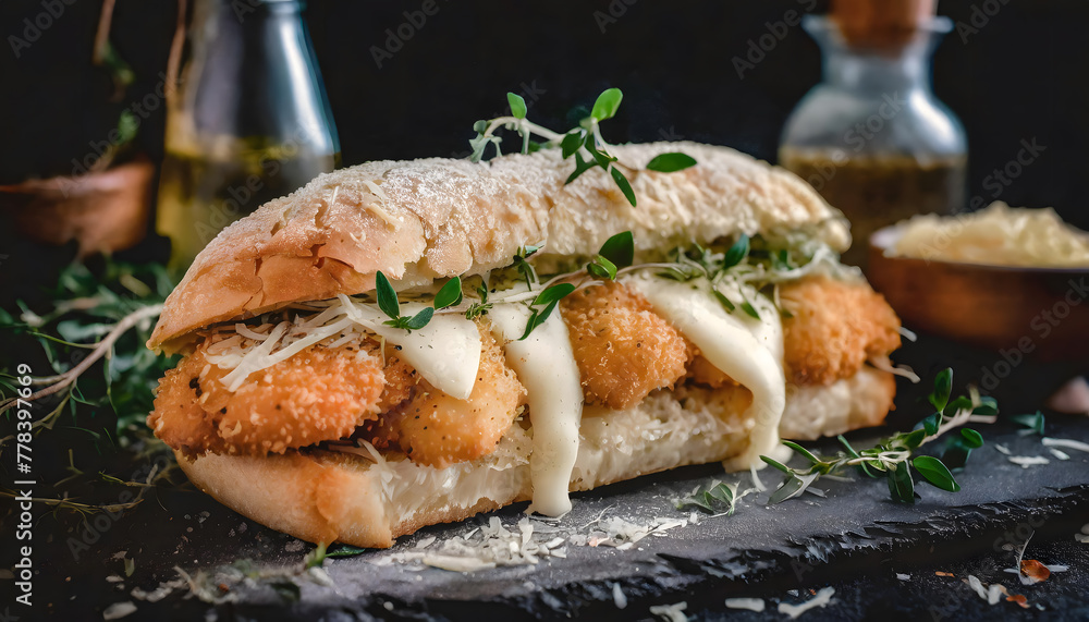 ciabatta, parmesan, sandwich, belegt, essen, fleisch, Backfisch, huhn,, anlasser, board, lunch, close up, schmelzkäse, ciabatta, parmesan, sandwich, belegt, essen, fleisch, Backfisch, huhn,, anlasser, board, lunch, close up, schmelzkäse,