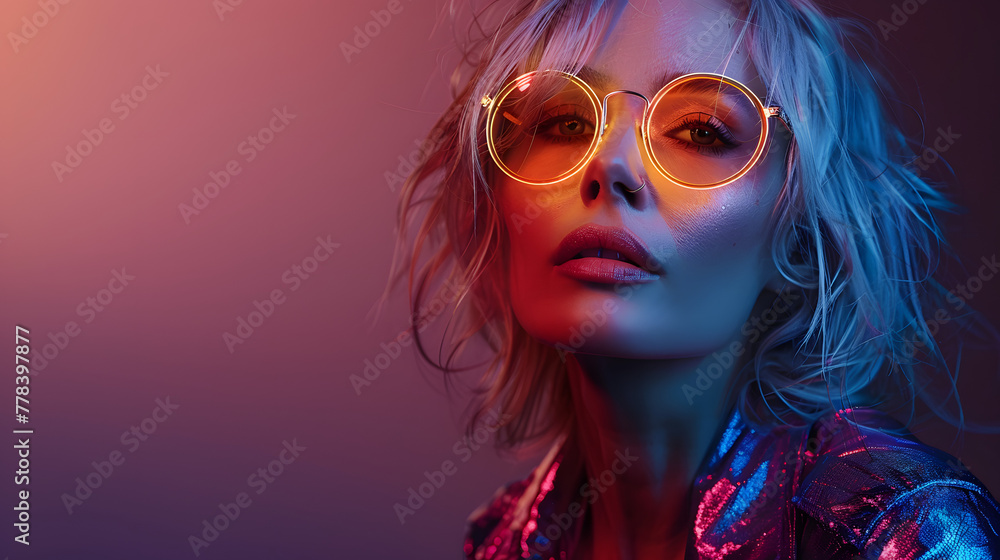 old cool woman and sunglasses in metallic jacket posing on dark purple background