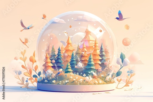 beautiful forest inside the glass sphere with birds and flowers flying around it