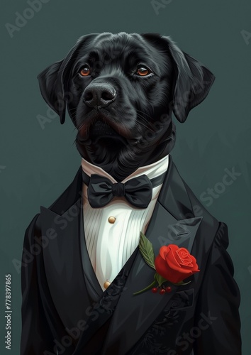 A black dog is dressed in a tuxedo and has a rose pinned to its lapel