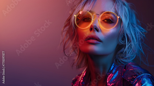 old cool woman and sunglasses in metallic jacket posing on dark purple background