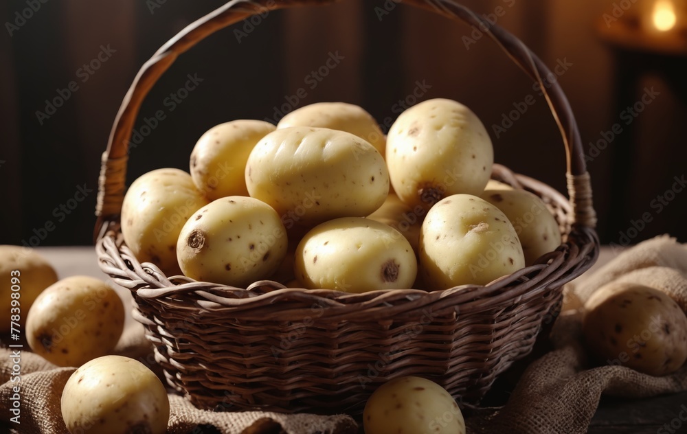 Fresh raw potatoes in wicker basket on wooden table, closeup Fresh raw potatoes in wicker basket on wooden table, closeup