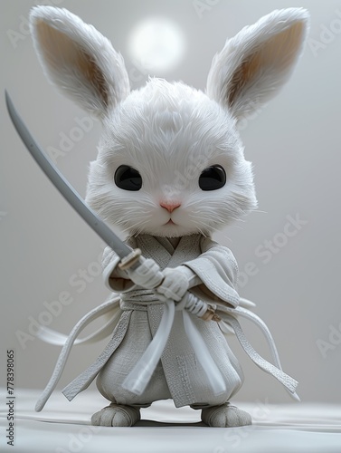 A cute cartoon baby white rabbit is holding a sword and wearing a white outfit. 3d render style, children cartoon animation style