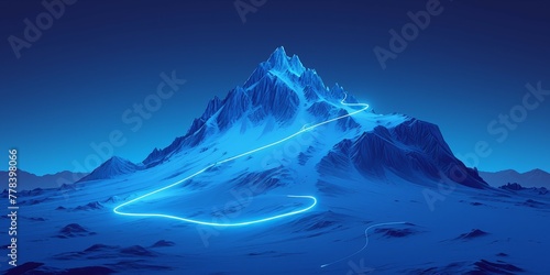 simple mountain peak with a glowing blue path line going up, on a dark background. 