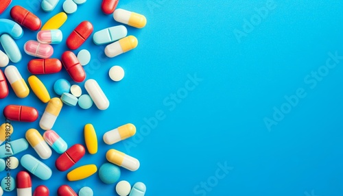 Colorful drug pills on blue background, empty space for text