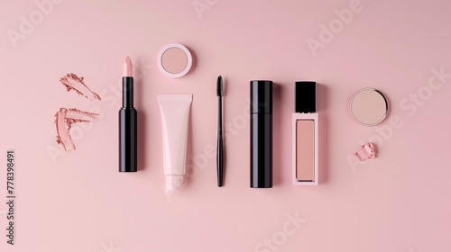 A chic display of 5 essential makeup items on a pink background  from lipstick to mascara, embodying beauty and elegance