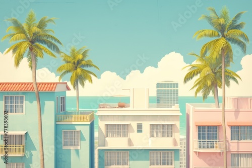 A art deco style photograph of Miami Beach, pastel pink and teal colors, palm trees © Photo And Art Panda