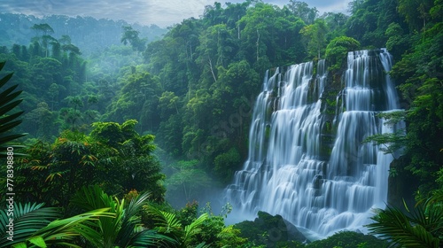Lush tropical waterfall flowing amidst vibrant greenery in a serene forest