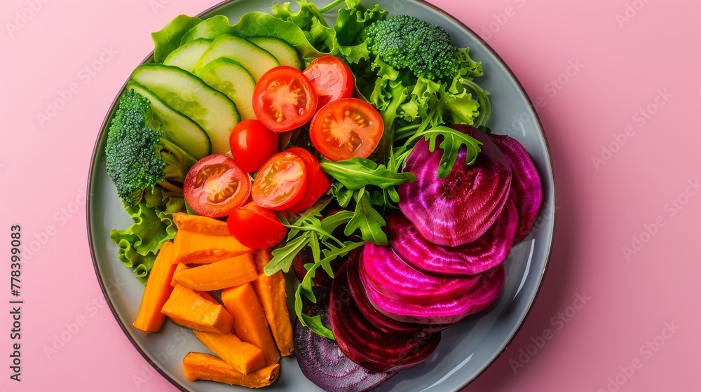  A plate of colorful veggies  on a pink backdrop
