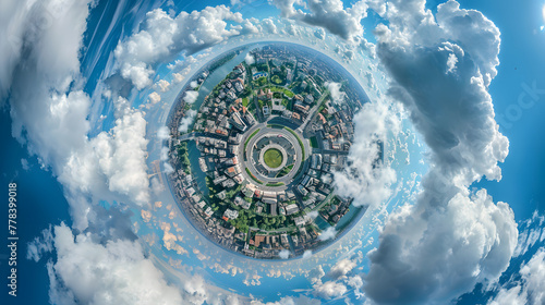 tiny planet of Dita city, with roundabout in the center, sky view from above, clouds, hyper realistic photo