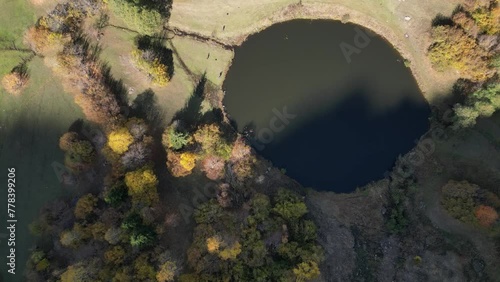 Autumn view in Savsat. Artvin, Turkey. Beautiful autumn landscape with colorful trees. Aerial drone shot. (Yukari Koyunlu, Sules, Rutav Lake). photo