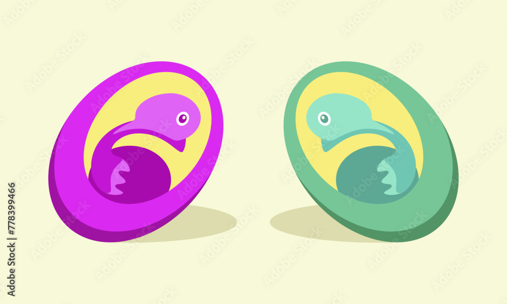 Abstract illustration with animal concept, cartoon chick or duckling in an egg in purple and green colors. Perfect as a logo concept or t-shirt image. Abstract illustration with animal concept, cartoon chick or duckling in an egg in purple and green colors. Perfect as a logo concept or t-shirt image.
