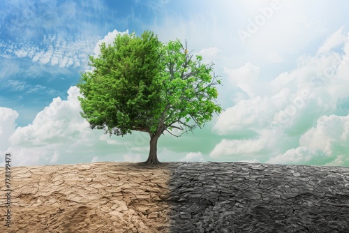 Tree in ecology and drought concept. Climate change and record heat. Background with selective focus