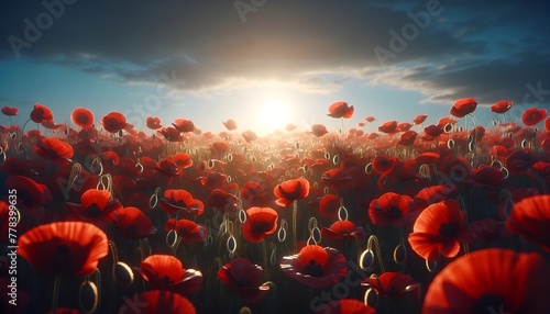 Realistic illustration for anzac day with the scene of a  field of red poppies. photo