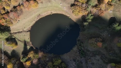 Autumn view in Savsat. Artvin, Turkey. Beautiful autumn landscape with colorful trees. Aerial drone shot. (Yukari Koyunlu, Sules, Rutav Lake). photo