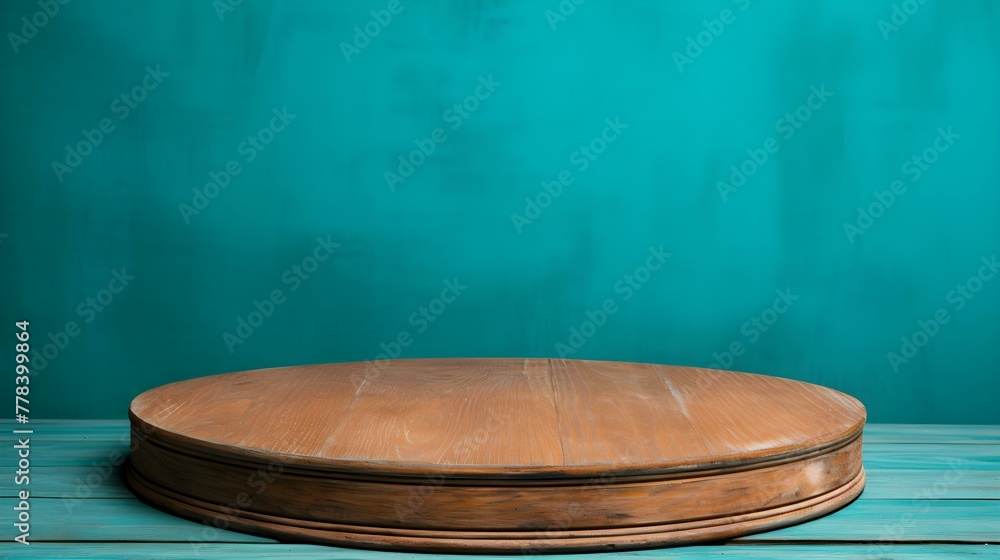 Close up of a round wooden Pedestal for Product Presentation. Empty turquoise Showroom Close up of a round wooden Pedestal for Product Presentation. Empty turquoise Showroom