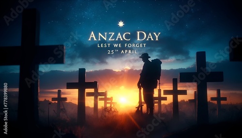 Anzac day background with a silhouette of a soldier standing solemnly next to several crosses in a cemetery at sunset.