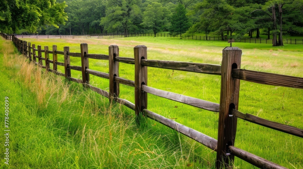  Wooden fence, grassy field, trees, green grass background