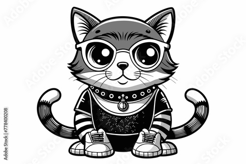 black and white coloring book style totally crazy funny big eyes hipster cat sitting front view 
