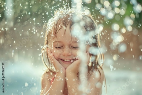 A young girl is standing in the rain, smiling and looking up at the sky