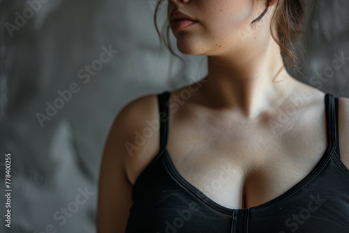 A woman with a large bust is wearing a black bra photo