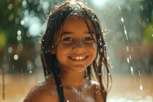 A young girl with long hair is smiling and standing in the rain