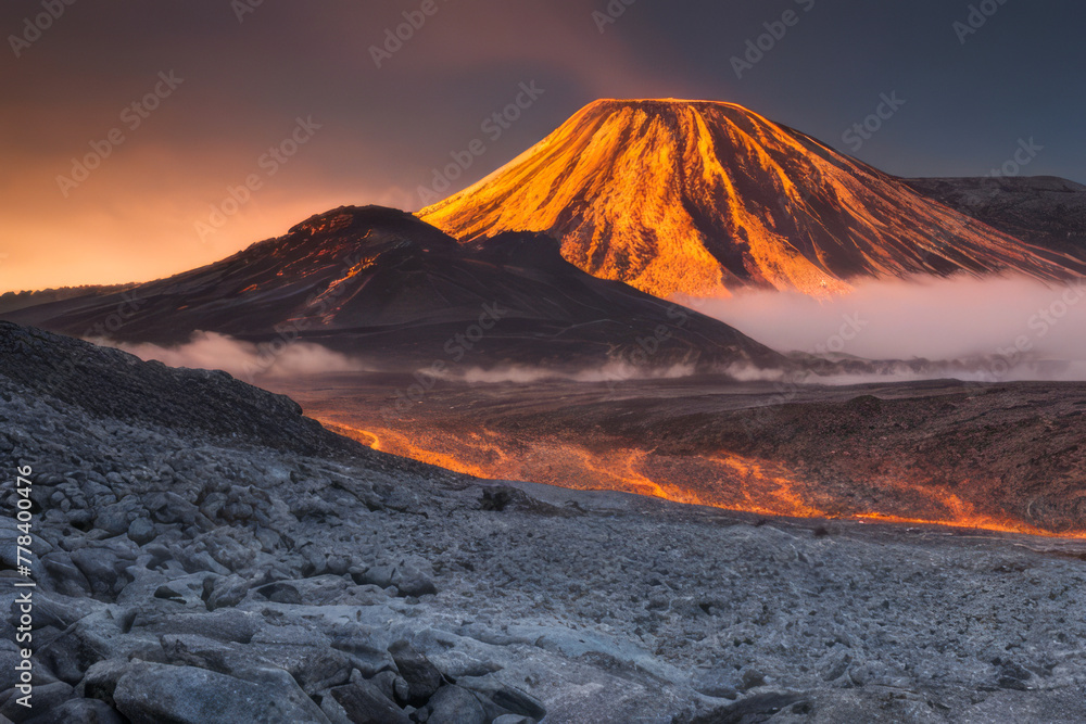 Snowy peaks pierce a crimson sky above autumnal mountains, a volcanic landscape sculpted by nature's fury