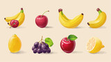 Group of icons: Food items - apple, banana, cherry, grape, lemon


