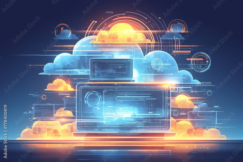 A cloud computing concept with glowing digital clouds and laptops ...