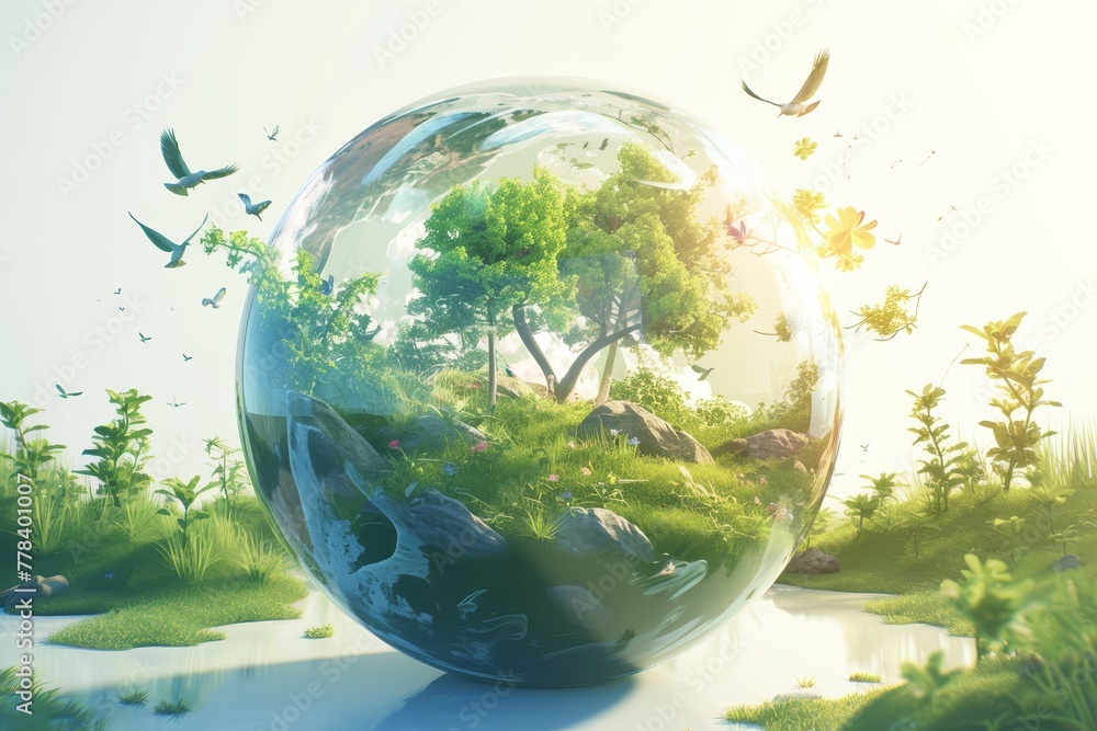 Earth with trees and birds inside. Within the glass sphere is a tree and some plants, isolated on a light background
