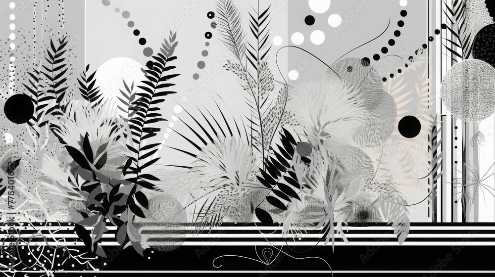 Obraz premium Graphic illustration featuring delicate plants and decorative elements, in palest green, black and white