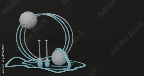 composition of ribbon, balls, mace, hoop for rhythmic gymnastics 3 d render cartoon, blue silver on a black background photo