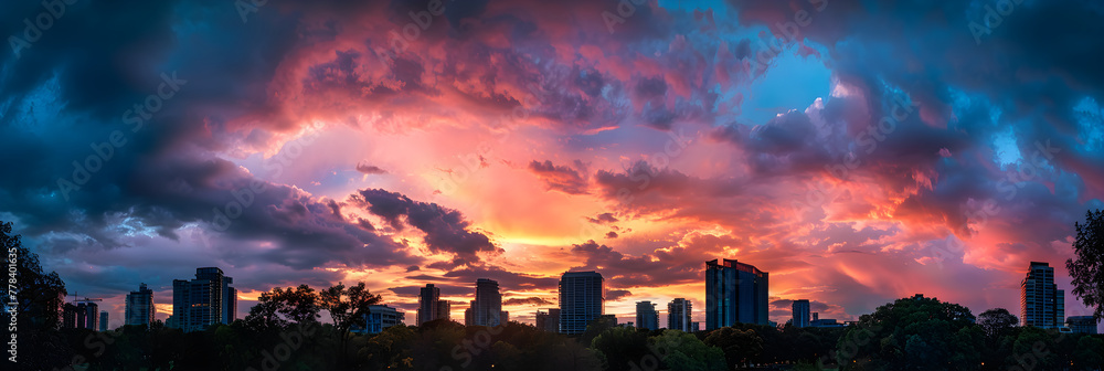 Stunning Skyline: An Aesthetic Transition From Sunset to Twilight Over the Silhouette Cityscape and Trees